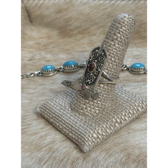 Native American SW Sterling Red Rose Pink Dahlia Western Cowboy Barbie Boot Ring - Picture 6 of 12